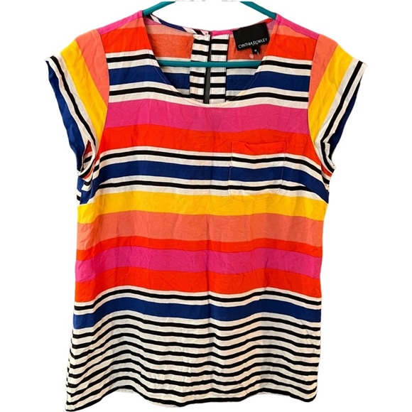 Cynthia Rowley multi colored stripped capped sleeve blouse - Picture 1 of 5